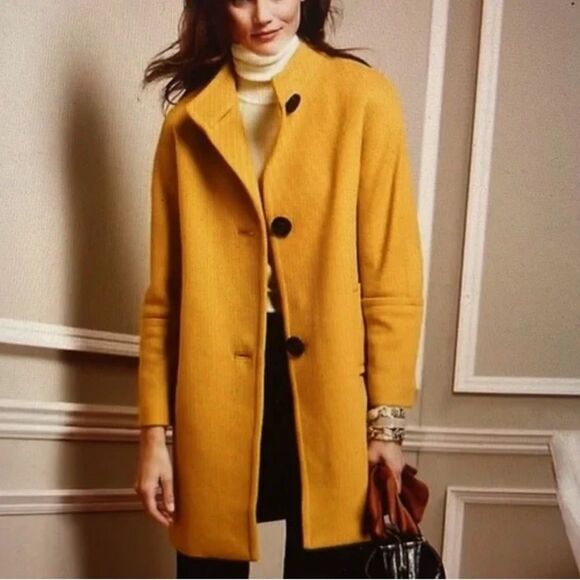 Talbots Wool Mustard yellow short sleeve large buttons Pea Coat women’s 14P GUC - Picture 1 of 14